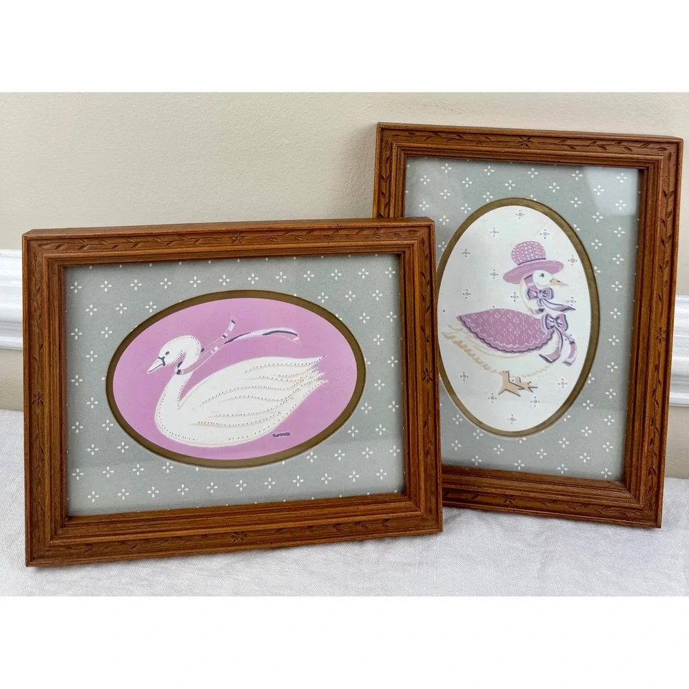 Vintage Swan Goose Framed Art Set 2 Nursery Decor Cottagecore